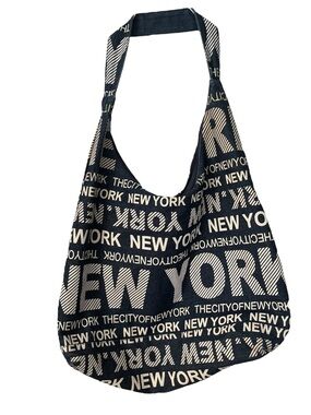 New York Graphic Navy and Cream Slouchy Shoulder Bag